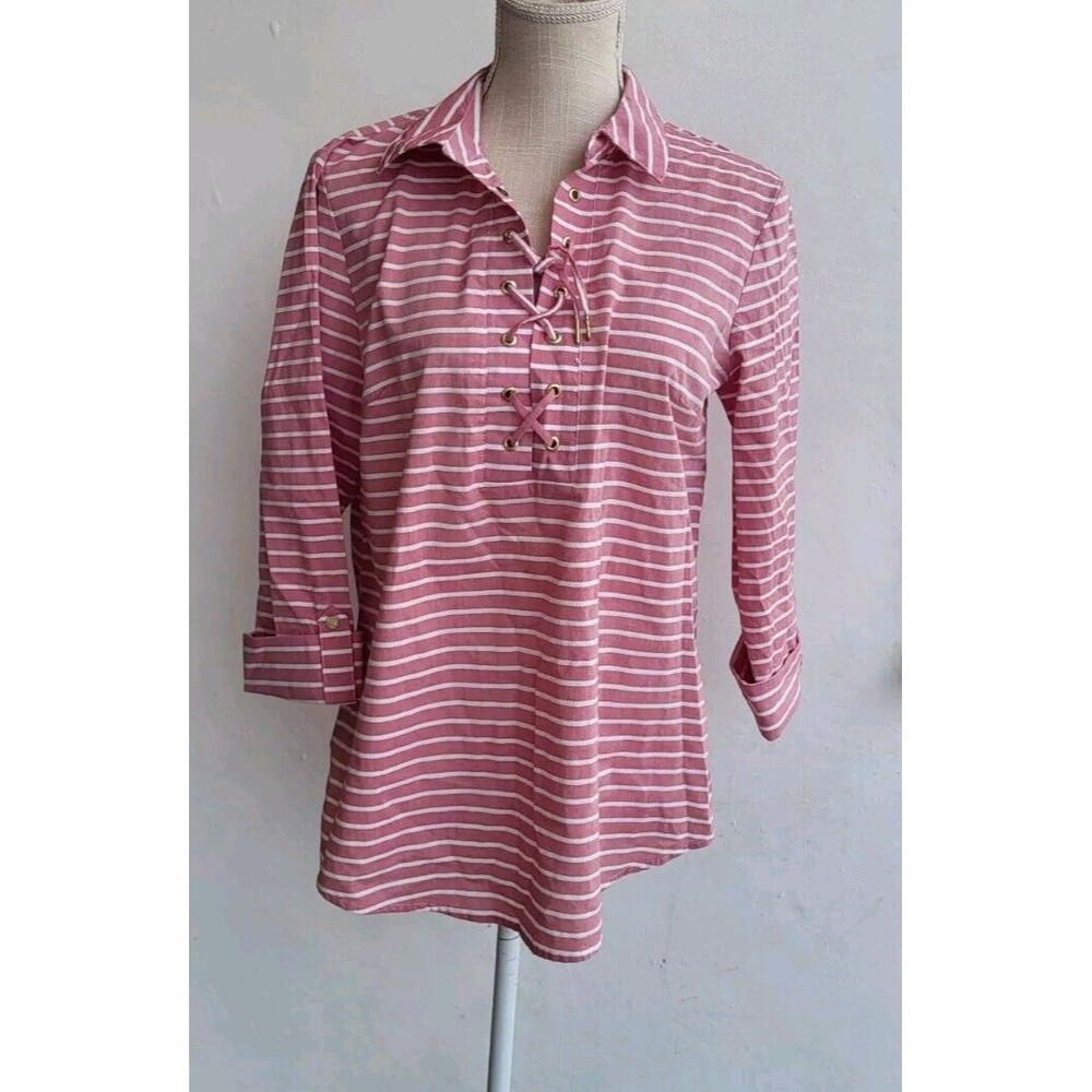 Anne Klein Women's Cotton Blend Striped Lace Front Tunic Top Blouse Shirt Size M